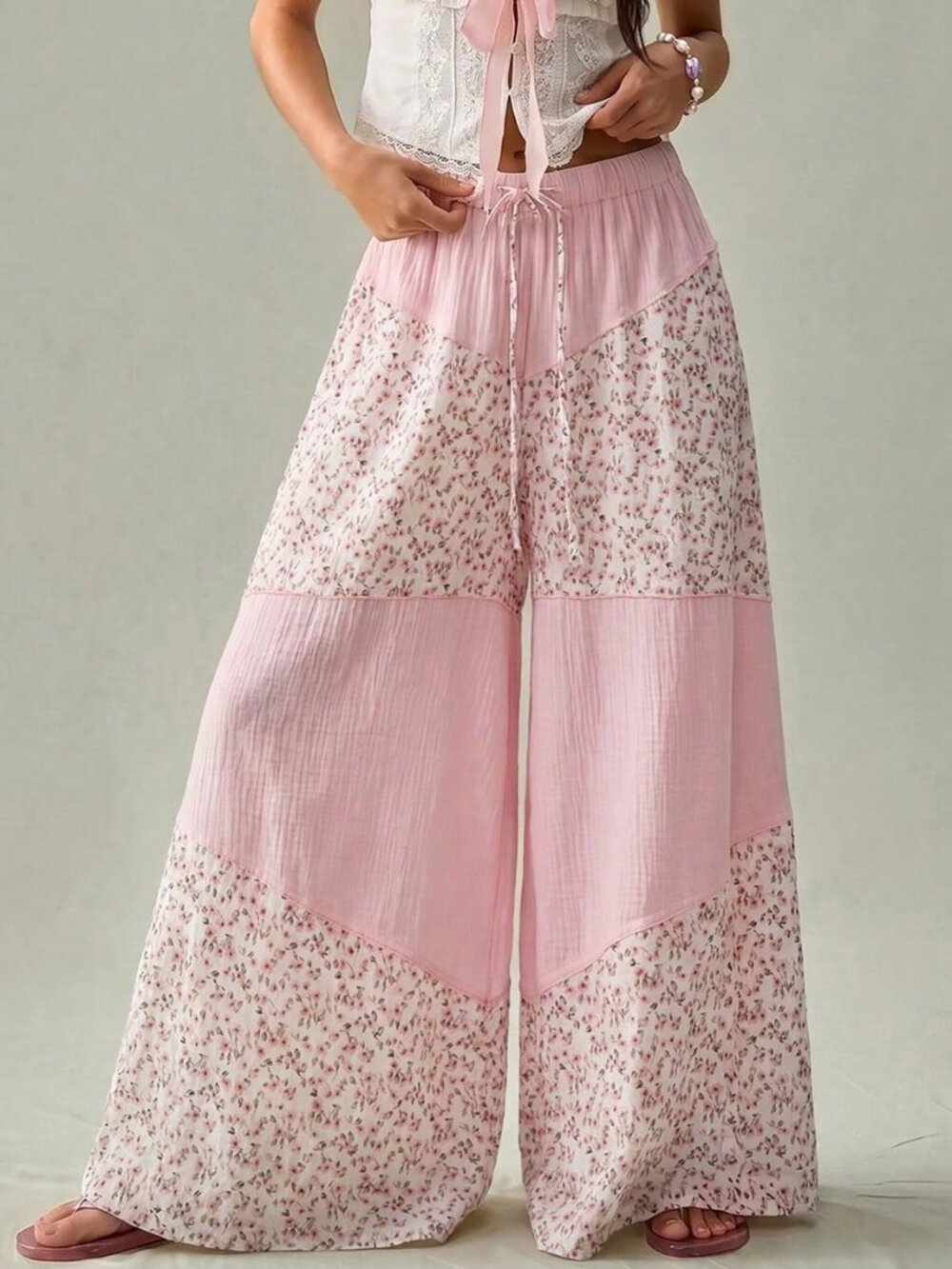Pink Boho Women's Wide-Leg Pants Regular Waist Elastic Waist Resort Maxi Pants